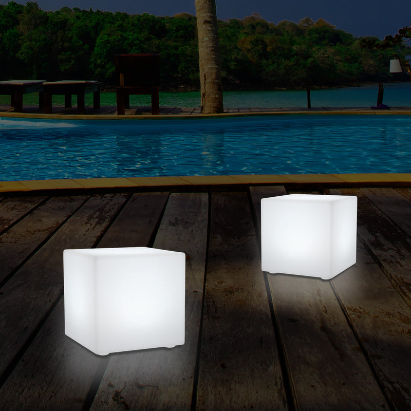 Outdoor LED Garden Patio Table Lamp, Mains Powered RGB Cube Light, 5V Low Voltage, 15cm