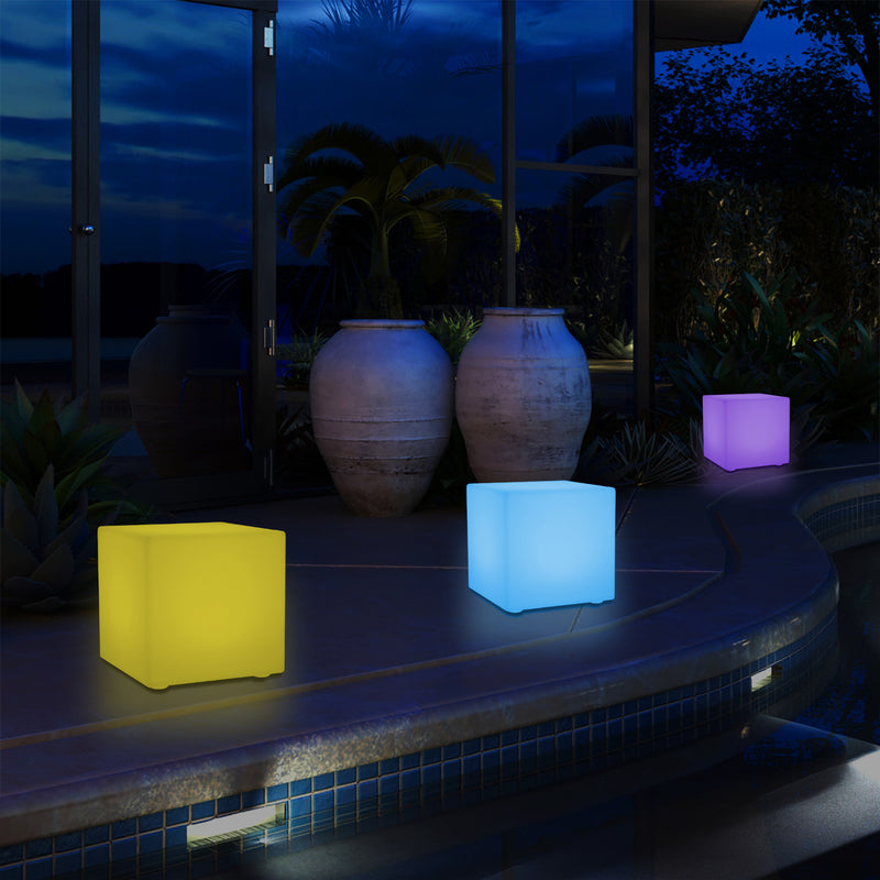 Outdoor LED Garden Patio Table Lamp, Mains Powered RGB Cube Light, 5V Low Voltage, 15cm