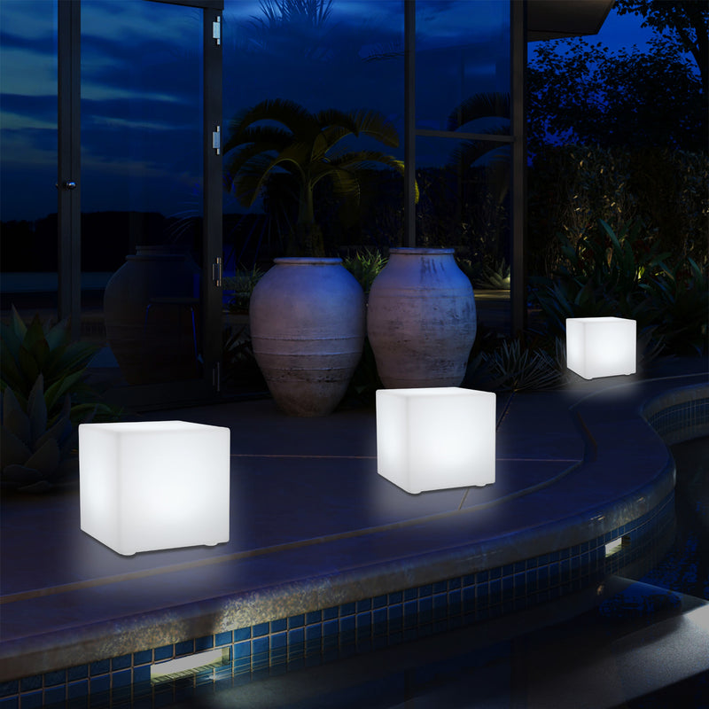 Outdoor LED Garden Patio Table Lamp, Mains Powered RGB Cube Light, 5V Low Voltage, 15cm