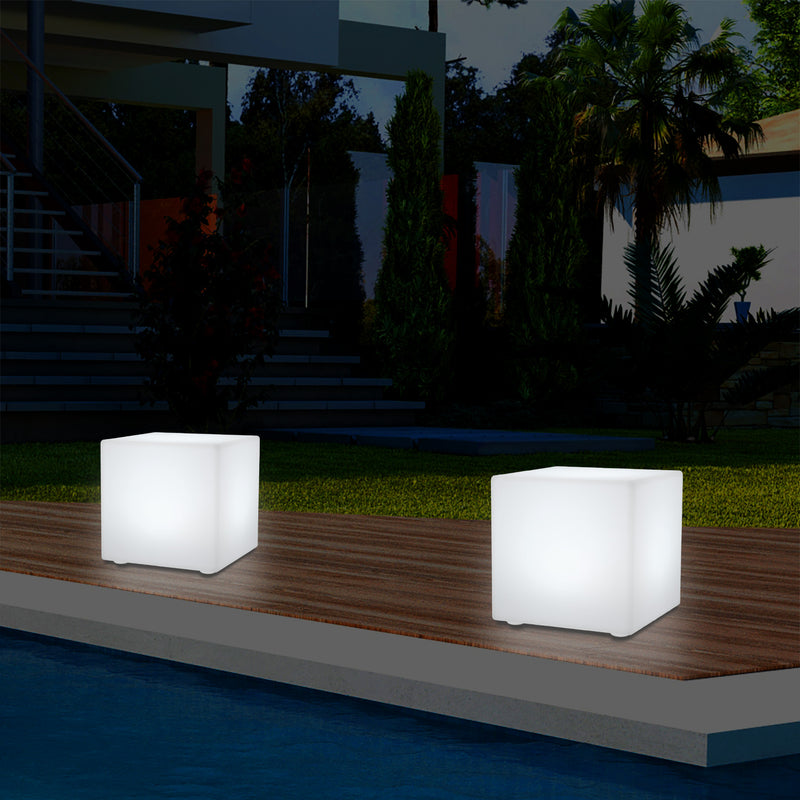 Outdoor LED Garden Patio Table Lamp, Mains Powered RGB Cube Light, 5V Low Voltage, 15cm