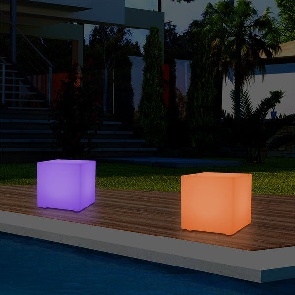 Outdoor LED Garden Patio Table Lamp, Mains Powered RGB Cube Light, 5V Low Voltage, 15cm