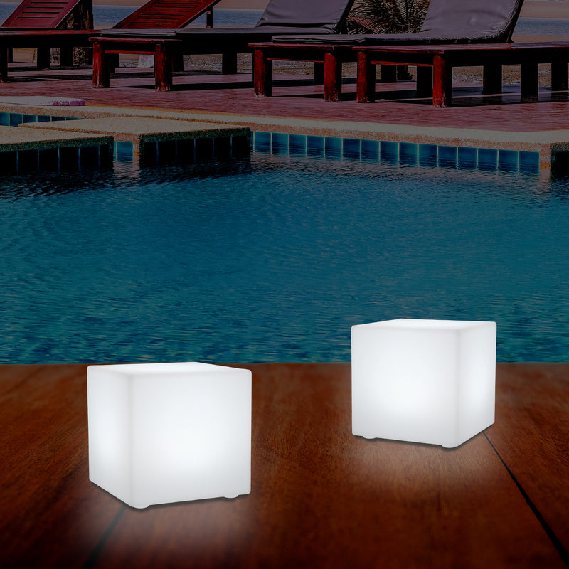 Outdoor LED Garden Patio Table Lamp, Mains Powered RGB Cube Light, 5V Low Voltage, 15cm