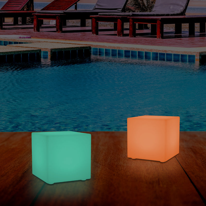 Outdoor LED Garden Patio Table Lamp, Mains Powered RGB Cube Light, 5V Low Voltage, 15cm