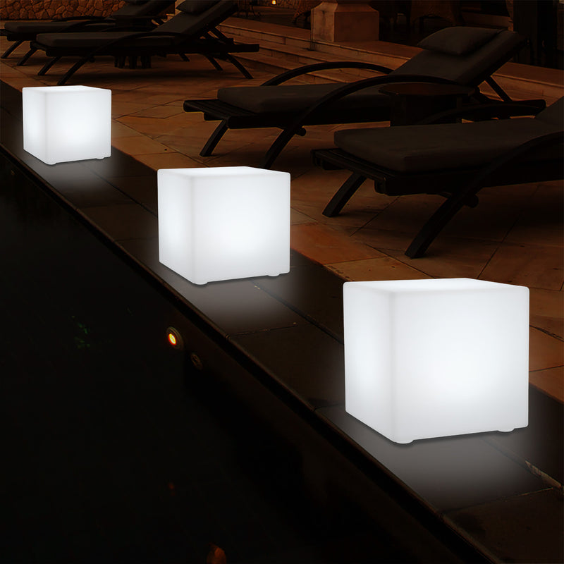 Outdoor LED Garden Patio Table Lamp, Mains Powered RGB Cube Light, 5V Low Voltage, 15cm