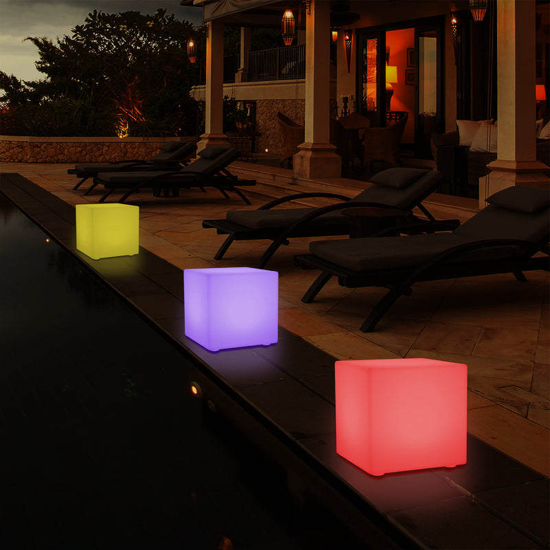 Outdoor LED Garden Patio Table Lamp, Mains Powered RGB Cube Light, 5V Low Voltage, 15cm