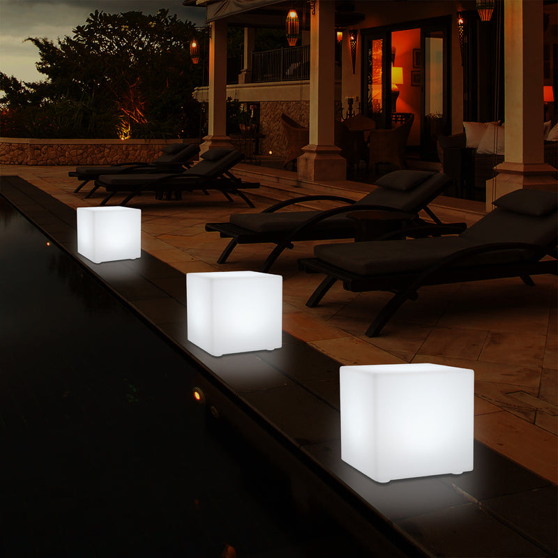 Outdoor LED Garden Patio Table Lamp, Mains Powered RGB Cube Light, 5V Low Voltage, 15cm