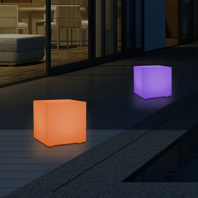 Mains Powered Outdoor Garden Patio Lighting, 5V Multi Colour LED Table Lamp, 20cm Cube