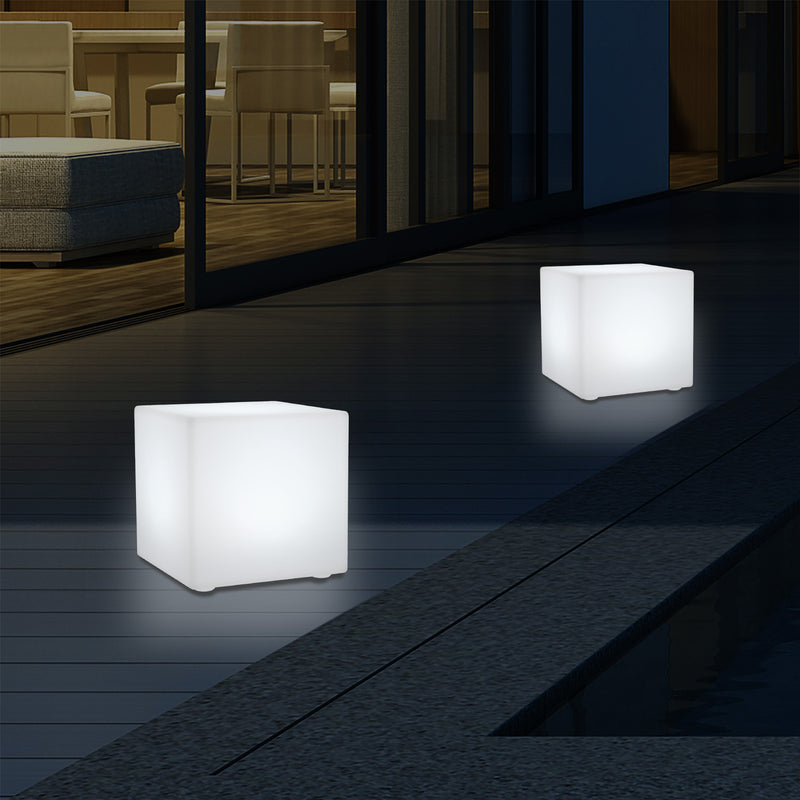 Outdoor LED Garden Patio Table Lamp, Mains Powered RGB Cube Light, 5V Low Voltage, 15cm