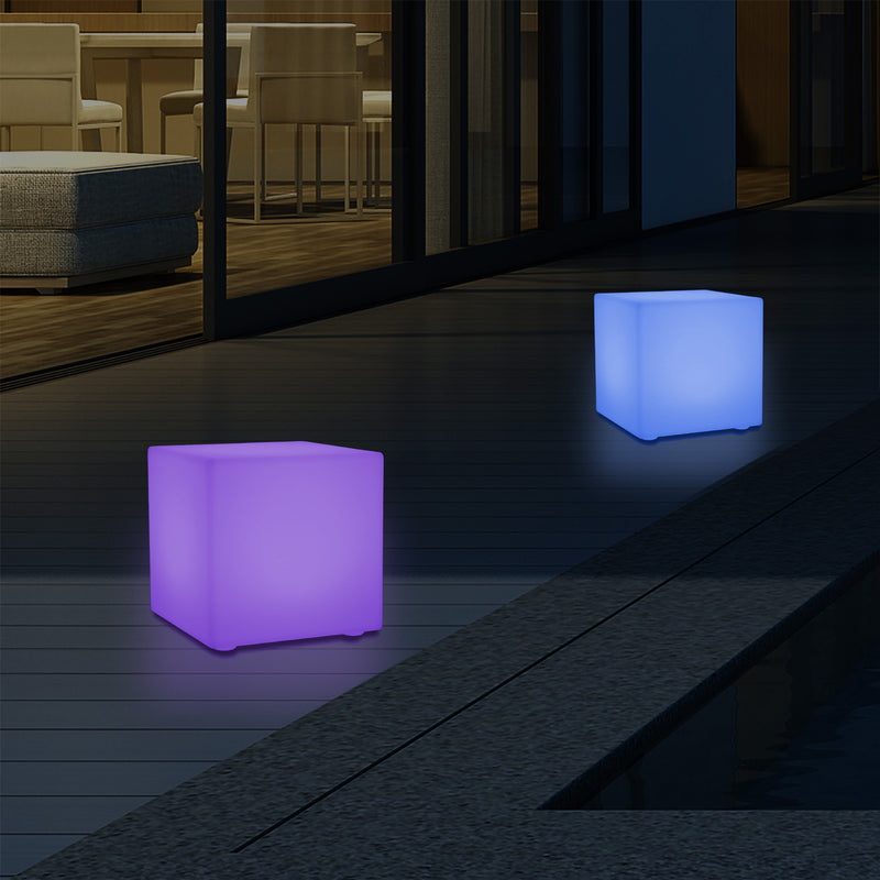 Outdoor LED Garden Patio Table Lamp, Mains Powered RGB Cube Light, 5V Low Voltage, 15cm