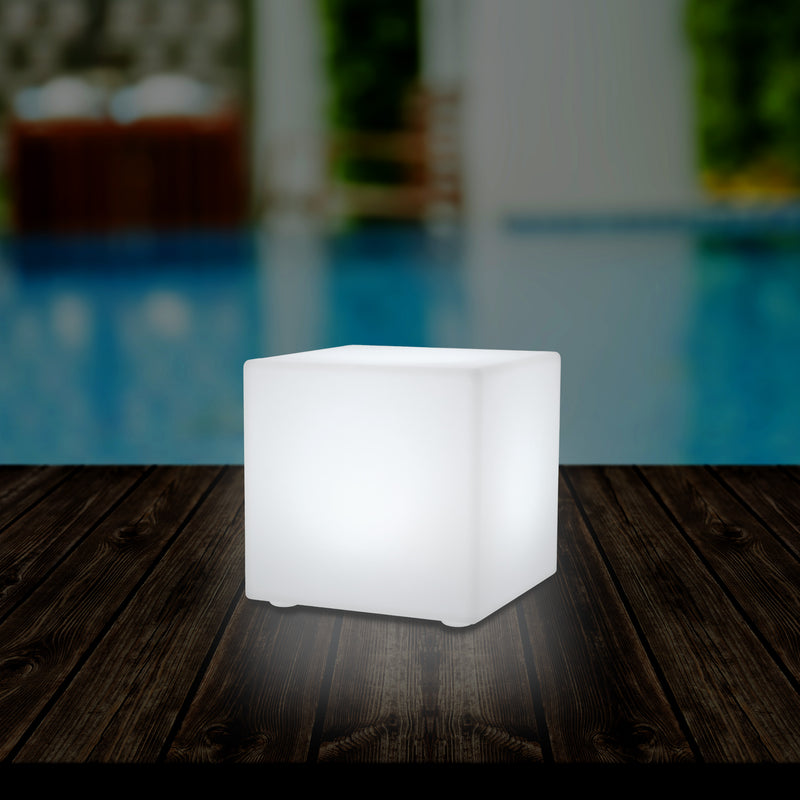 Outdoor LED Garden Patio Table Lamp, Mains Powered RGB Cube Light, 5V Low Voltage, 15cm