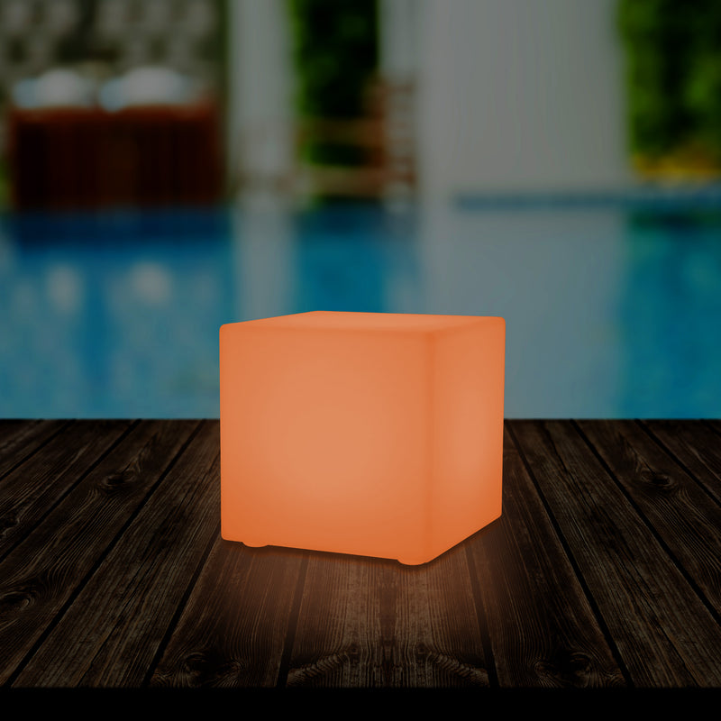 Outdoor LED Garden Patio Table Lamp, Mains Powered RGB Cube Light, 5V Low Voltage, 15cm